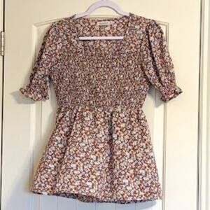 Liofoer Women's Square Neck Smocked Bodice Waist Slimming Short Sleeve Size M